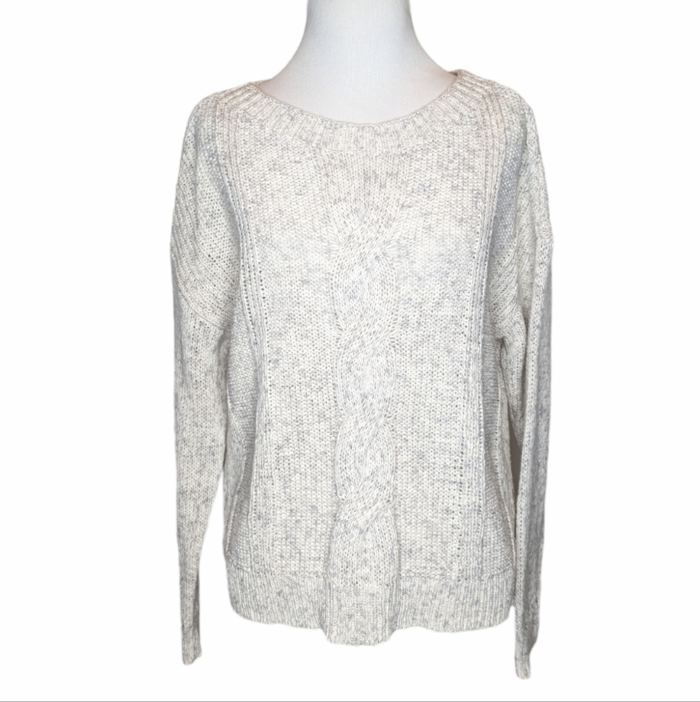 Eileen Fisher cable knit sweater white gray soft loose long sleeve crew size S